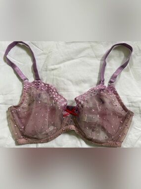 fleur du mal Sheer Lace Unlined Bra in Lavender with Red Accent
